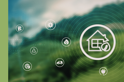 Grafische Darstellung von Nachhaltigkeits- und Smart-Home-Symbolen auf grünem Hintergrund