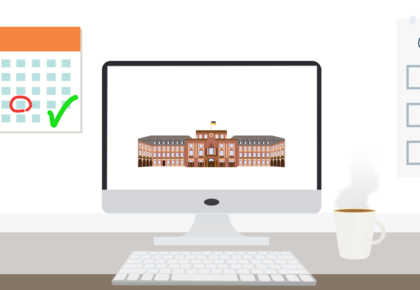 Eine Grafik mit weißer Tastatur und Monitor, der eine Abbildung des Mannheimer Schlosses zeigt. Links ist ein Kalender und rechts eine Checkliste zu sehen.