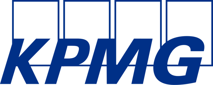 Logo in Blau mit Aufschrift KPMG mit vier rechteckigen Rahmen im Hintergrund.