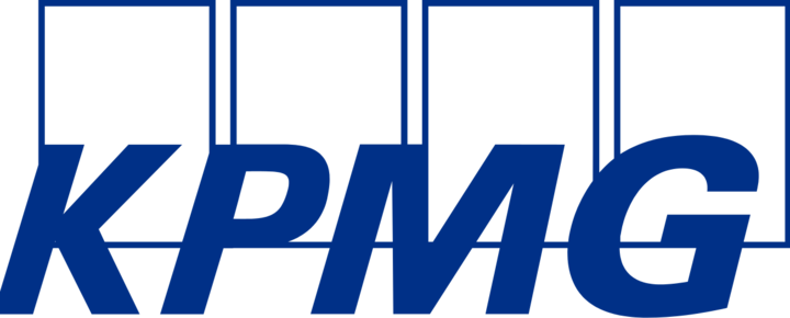 Blaues Logo mit der Aufschrift KPMG mit vier rechteckigen Rahmen im Hintergrund.