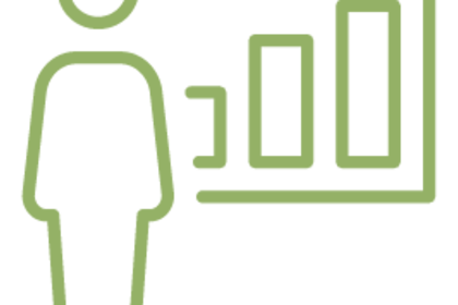 grünes Icon von Figur, die vor Balkendiagramm steht