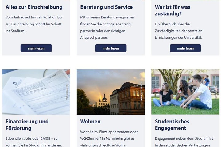 Screenshot von einer Überischt auf der Website vond er man zu verschiedenen Unterseiten kommt: Alles zur Einschreibung. Beratung und Service, Wer ist für was zuständig?, Finanzierung und Förderung, Wohnen, Studentisches Engagement