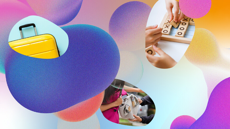 Ein gelber Koffer, ein Arm mit roter Handtasche und Kinder, die "Vier gewinnt" spielen.