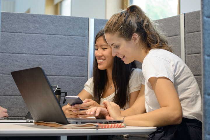 Two students with laptops in the study corner