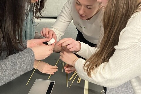 Personen beugen sich über ein Konstrukt aus langen Stäben.