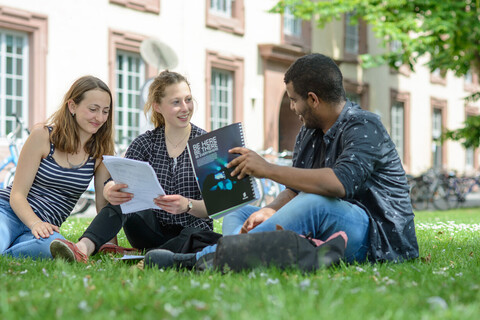 Zwei Studentinnen und ein Student sitzen auf einer Wiese vor dem Mannheimer Schloss. Sie tragen kurzärmlige Oberteile und halten Papierblöcke in ihren Händen.