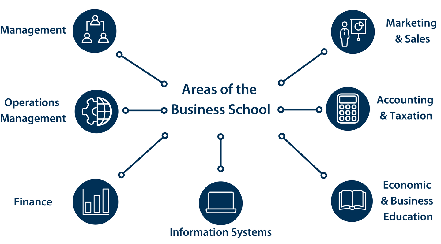 In der Mitte der Infografik steht "Areas of the  Business School". Drum herum stehen die anderen Areas: Finance, Marketing & Sales, Accounting & Taxation, Economic & Business Education, Information Systems, Operationa Management und Management. Neben den Area-Namen sind Icons.
