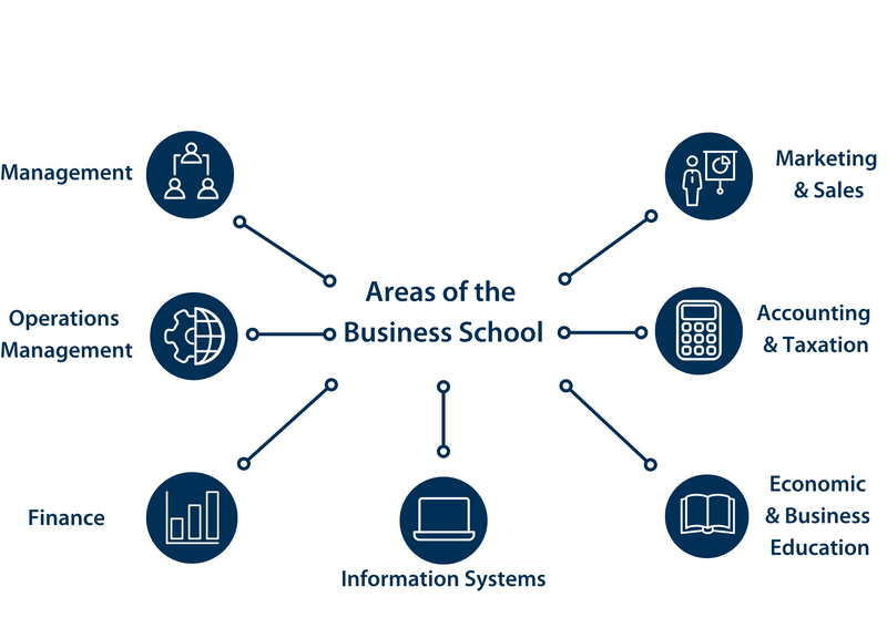 In der Mitte der Infografik steht "Areas of the  Business School". Drum herum stehen die anderen Areas: Finance, Marketing & Sales, Accounting & Taxation, Economic & Business Education, Information Systems, Operationa Management und Management. Neben den Area-Namen sind Icons.
