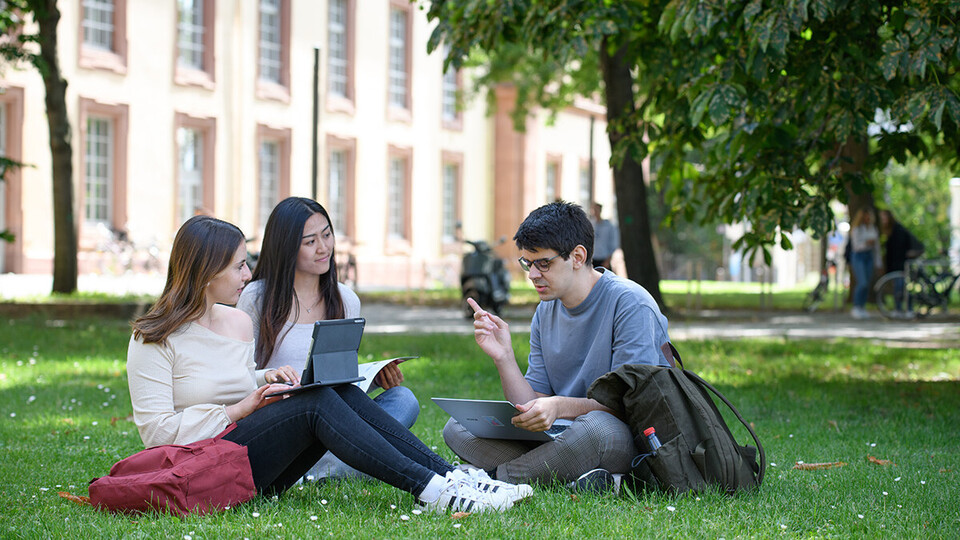 Drei Studierende sitzen auf dem Campus auf der Wiese. Sie haben Unterlagen und Laptops vor sich aufgeschlagen.
