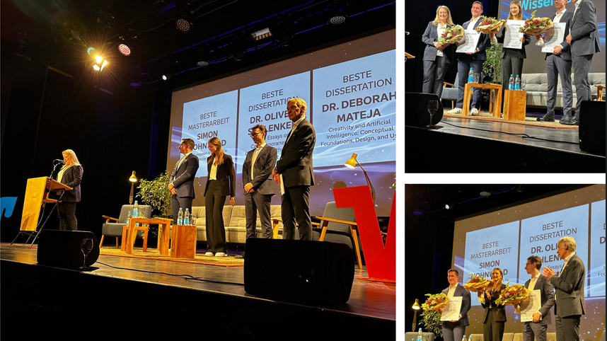 Award ceremony on a stage: several people receive certificates and bouquets; a slide in the background reads “Best Dissertation – Dr. Deborah Mateja.”