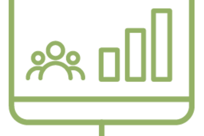 grüner Icon von Bildschirm mit Figuren und Balkendiagramm