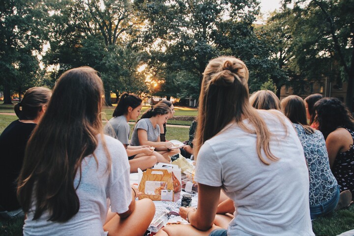 Eine Gruppe von Studierenden sitzt beim Picknick zusammen