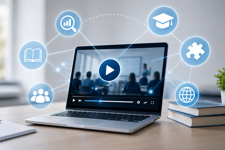 Moderner, heller Arbeitsplatz mit einem Laptop auf einem Schreibtisch. Auf dem Bildschirm läuft ein Video einer Unterrichtssituation. Um den Laptop herum sind schwebende, stilisierte Symbole angeordnet, die Themen wie Lernen, Zusammenarbeit, Analyse und digitale Vernetzung darstellen. Im Hintergrund sind unscharf Bücher, eine Pflanze und ein Notizblock zu sehen, was eine ruhige, professionelle Lernumgebung vermittelt.