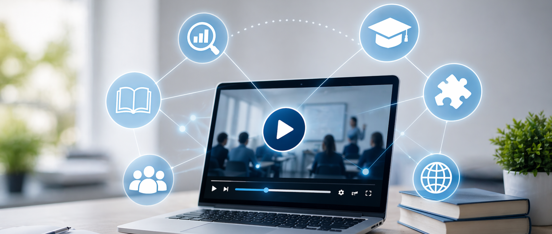 Moderner, heller Arbeitsplatz mit einem Laptop auf einem Schreibtisch. Auf dem Bildschirm läuft ein Video einer Unterrichtssituation. Um den Laptop herum sind schwebende, stilisierte Symbole angeordnet, die Themen wie Lernen, Zusammenarbeit, Analyse und digitale Vernetzung darstellen. Im Hintergrund sind unscharf Bücher, eine Pflanze und ein Notizblock zu sehen, was eine ruhige, professionelle Lernumgebung vermittelt.