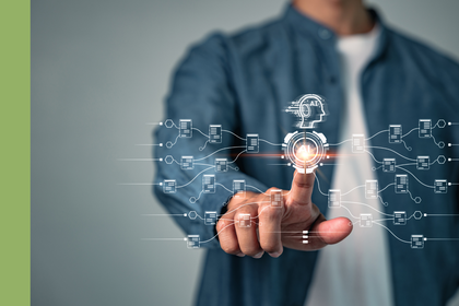 Person berührt eine virtuelle KI-Oberfläche mit vernetzten Datenknoten und einem digitalen Gehirn-Symbol, als Darstellung von künstlicher Intelligenz in Gesundheitswesen und Biowissenschaften.