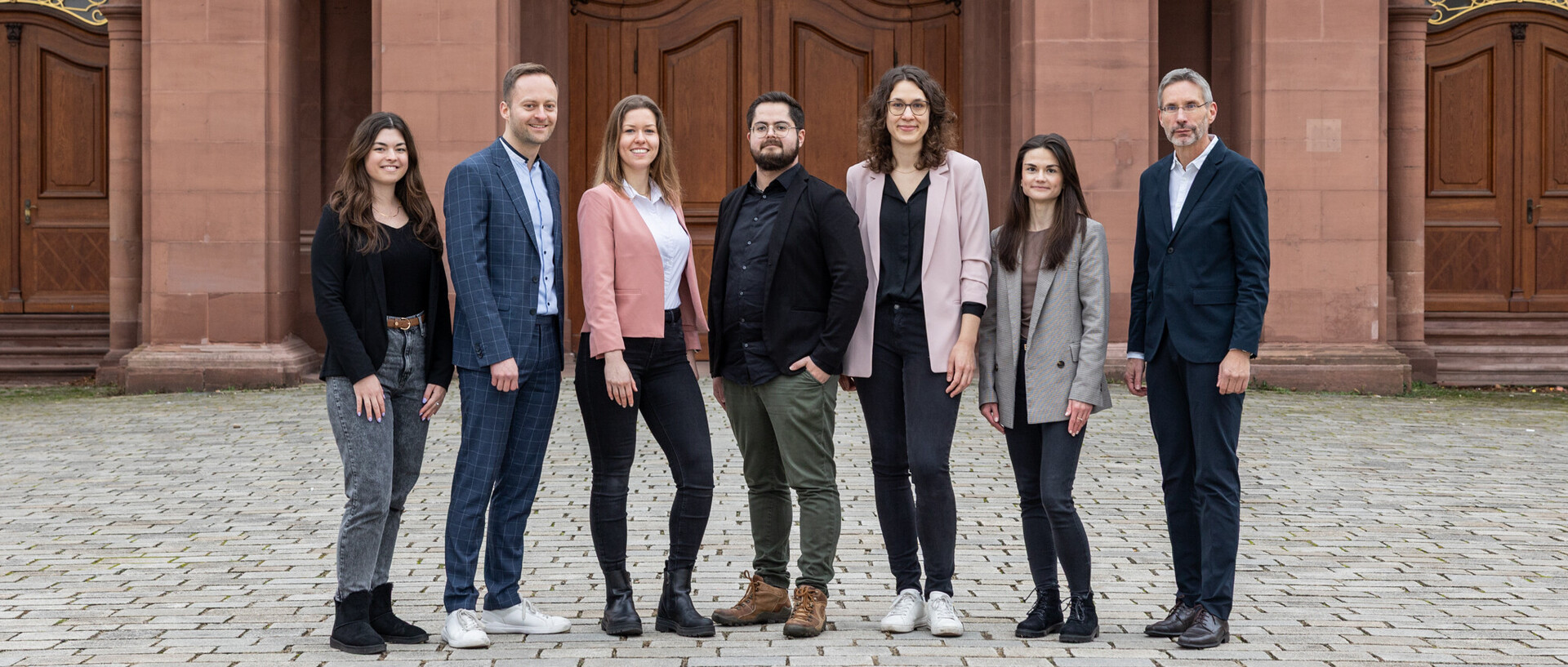 Gruppenfoto des Lehrstuhl-Teams: Nina Masseling, Robert Mühldorfer, Teresa Giek, Dr. Christian Mayer, Sophia Gentner, Gabriele Schneider und Prof. Dr. Jürgen Seifried stehen vor dem Eingangsportal des Mannheimer Schlosses.