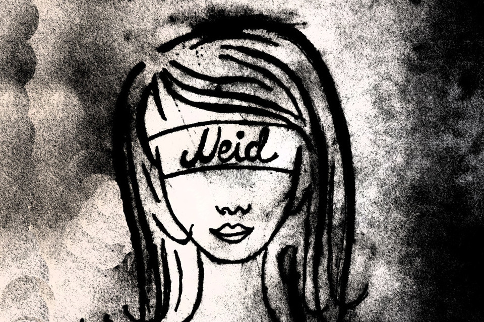 Zeichnung eines Frauenkopfes. Die Augen sind mit der Aufschrift "Neid" verdeckt.
