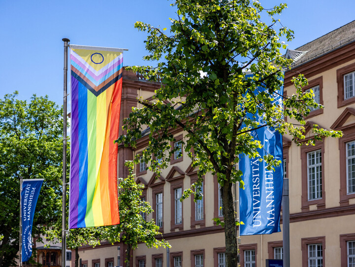 Eine Regenbogenfahne und die Flagge der Universität Mannheim vor dem Barockschloss