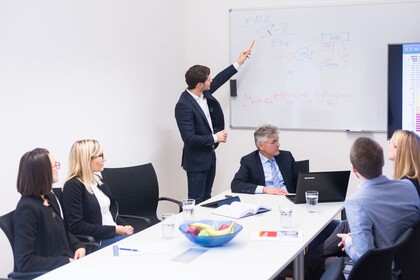 Group of people sitting around a table, someone explains illustrations on a whiteboard